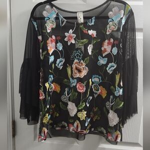 Topia Black Sheer Embroidered Floral Bell-Sleeve Top